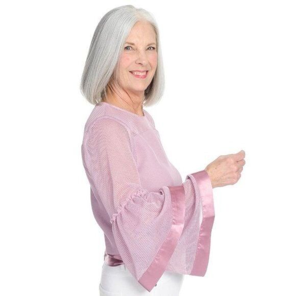 Marc Bouwer Unlimited Lavender Mesh Long Double Tiered Bell Sleeve Top size L  - Picture 2 of 6